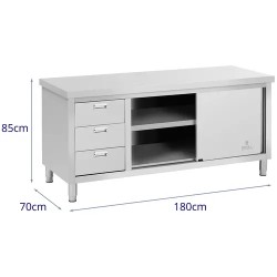Royal Catering ECO ruostumattomasta teräksestä valmistettu työpöytäkaappi 180 x 70 cm, 3 vetolaatikkoa