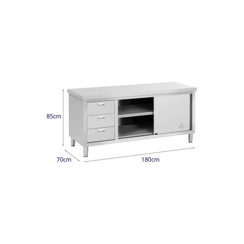 Royal Catering ECO ruostumattomasta teräksestä valmistettu työpöytäkaappi 180 x 70 cm, 3 vetolaatikkoa