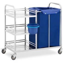 Ruostumattomasta teräksestä valmistettu pyykkivaunu 3 hyllyllä ja pyykkipussilla 50 kg