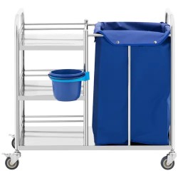 Ruostumattomasta teräksestä valmistettu pyykkivaunu 3 hyllyllä ja pyykkipussilla 50 kg