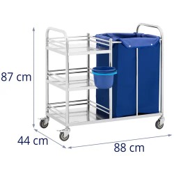 Ruostumattomasta teräksestä valmistettu pyykkivaunu 3 hyllyllä ja pyykkipussilla 50 kg