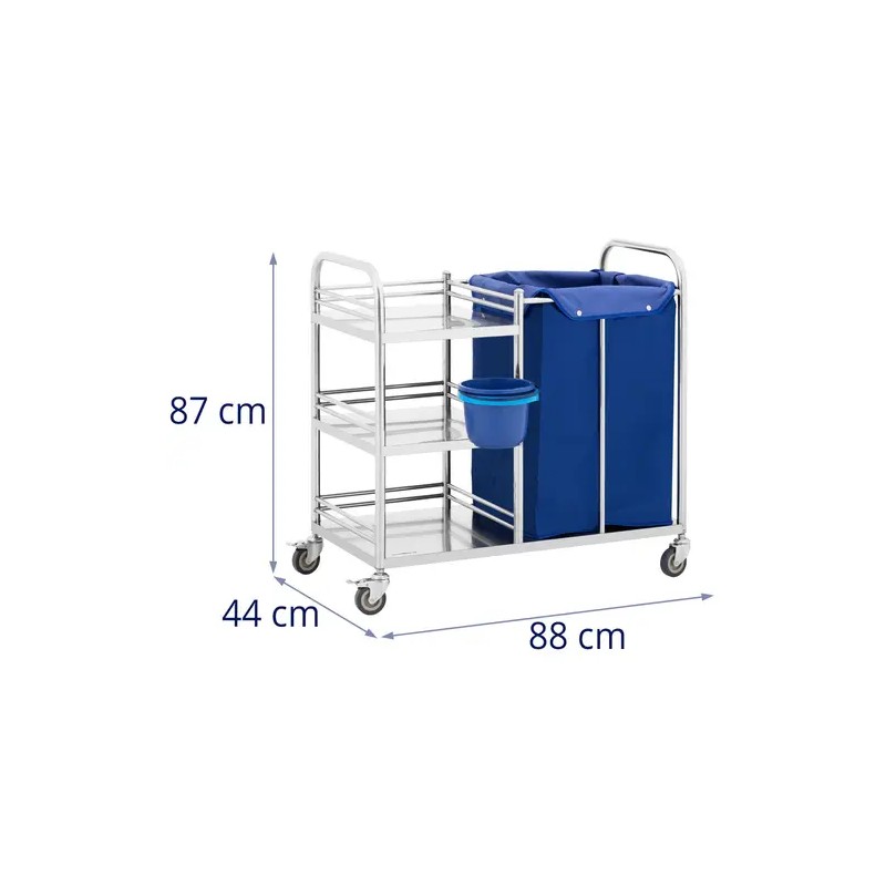 Ruostumattomasta teräksestä valmistettu pyykkivaunu 3 hyllyllä ja pyykkipussilla 50 kg
