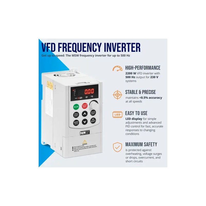 MSW VFD-taajuusmuunnin 2200 W 230 V 0,1–500 Hz LED-näytöllä