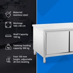 Royal Catering ruostumattomasta teräksestä valmistettu työpöytäkaappi 160 x 80 cm 500 kg