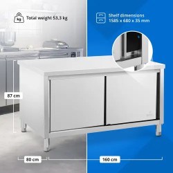 Royal Catering ruostumattomasta teräksestä valmistettu työpöytäkaappi 160 x 80 cm 500 kg