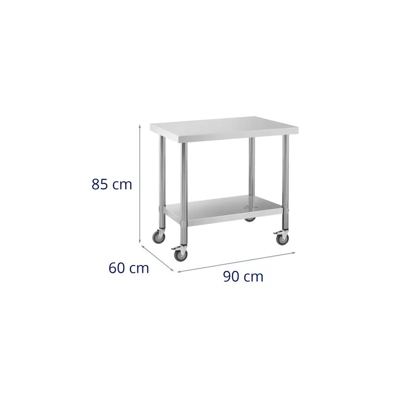 Royal Catering ruostumattomasta teräksestä valmistettu työpöytä pyörillä 60 x 90 cm