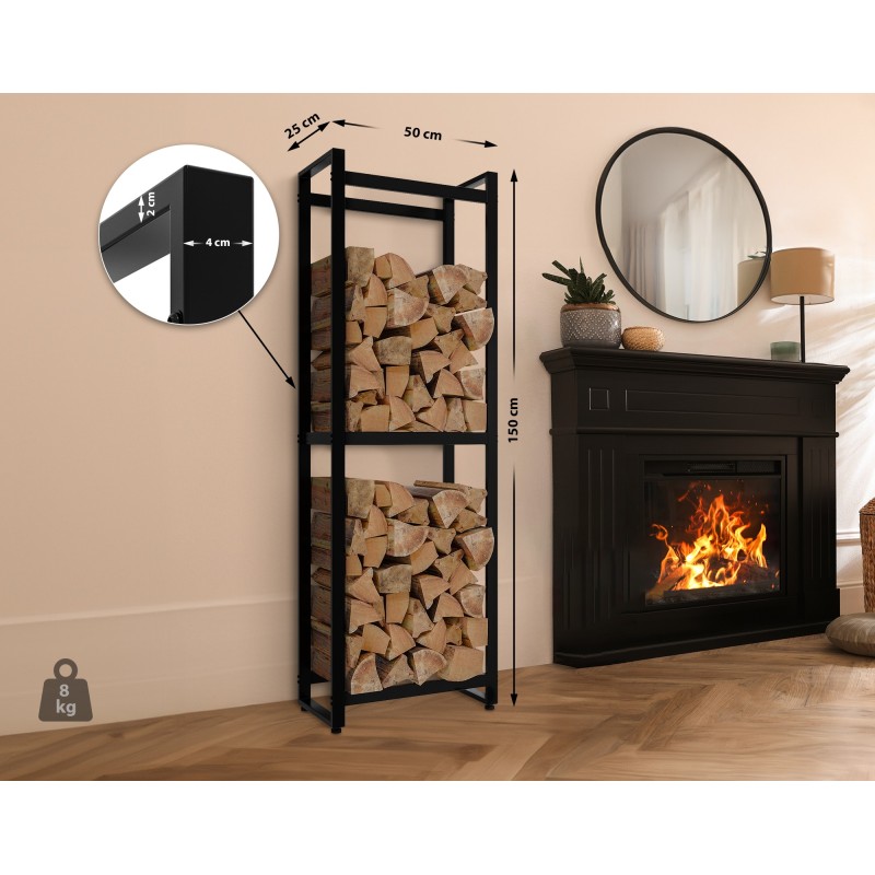 Morson tyylikäs musta takkapuuteline 150 cm korkea teräksestä