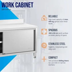 Royal Catering ECO ruostumattomasta teräksestä valmistettu työpöytäkaappi 200 x 60 cm