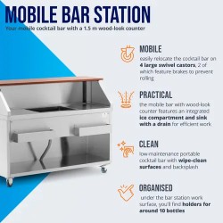 Royal Catering Mobile Cocktail-Station 150 cm puukuvioinen tiski jääsäiliöllä ja altaalla
