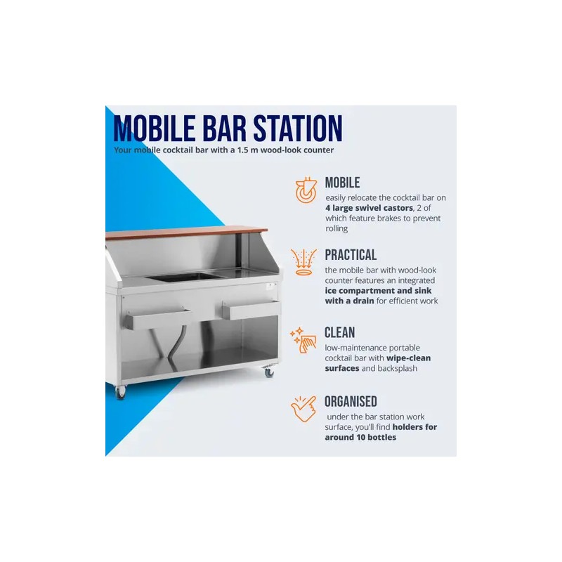 Royal Catering Mobile Cocktail-Station 150 cm puukuvioinen tiski jääsäiliöllä ja altaalla
