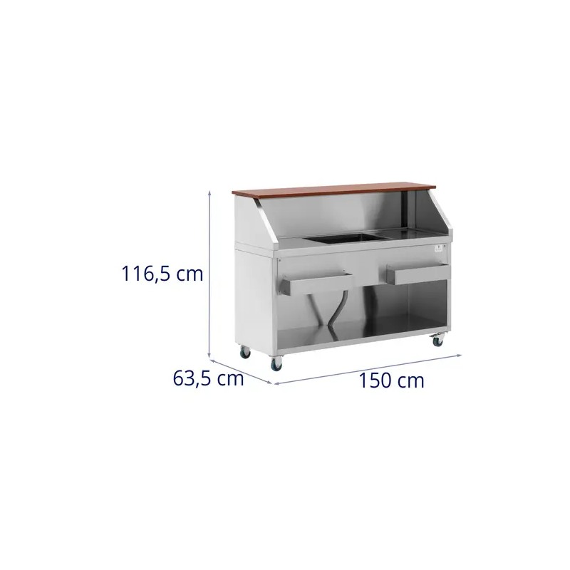 Royal Catering Mobile Cocktail-Station 150 cm puukuvioinen tiski jääsäiliöllä ja altaalla