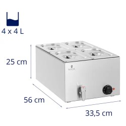 Royal Catering Bain Marie -ruokalämmitin 600 W, 4 kpl GN 1/4 -astiaa, poistoventtiili