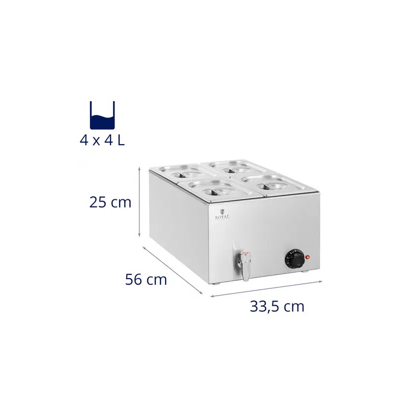 Royal Catering Bain Marie -ruokalämmitin 600 W, 4 kpl GN 1/4 -astiaa, poistoventtiili