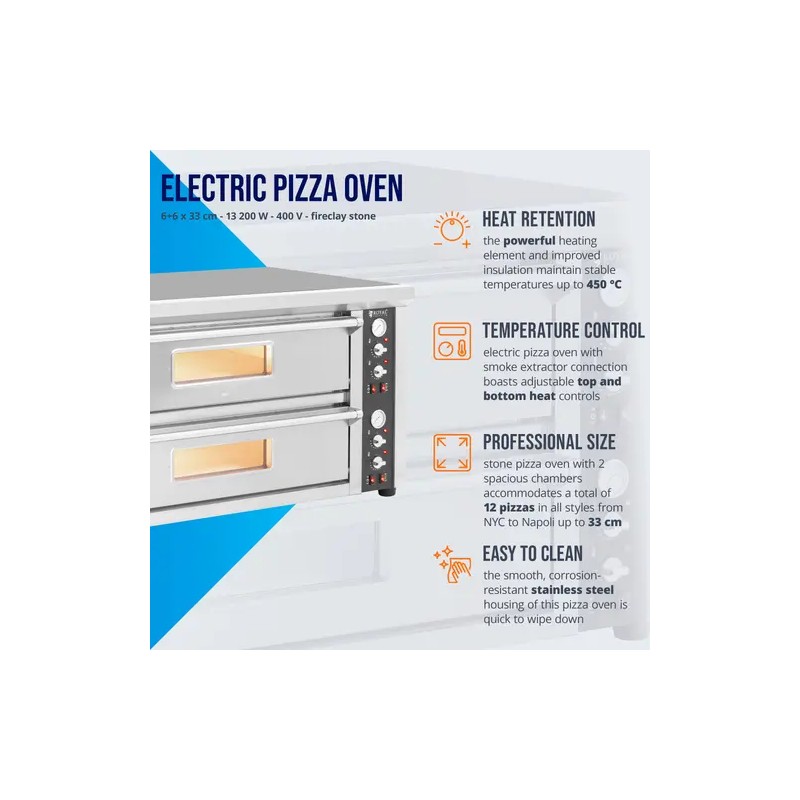 Royal Catering sähköinen pizzauuni 2 kammiota 13 200 W 400 V 6+6 x 33 cm