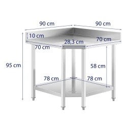 Royal Catering RCCWT-90X70-S ruostumattomasta teräksestä valmistettu kulmapöytä 90 x 70 cm