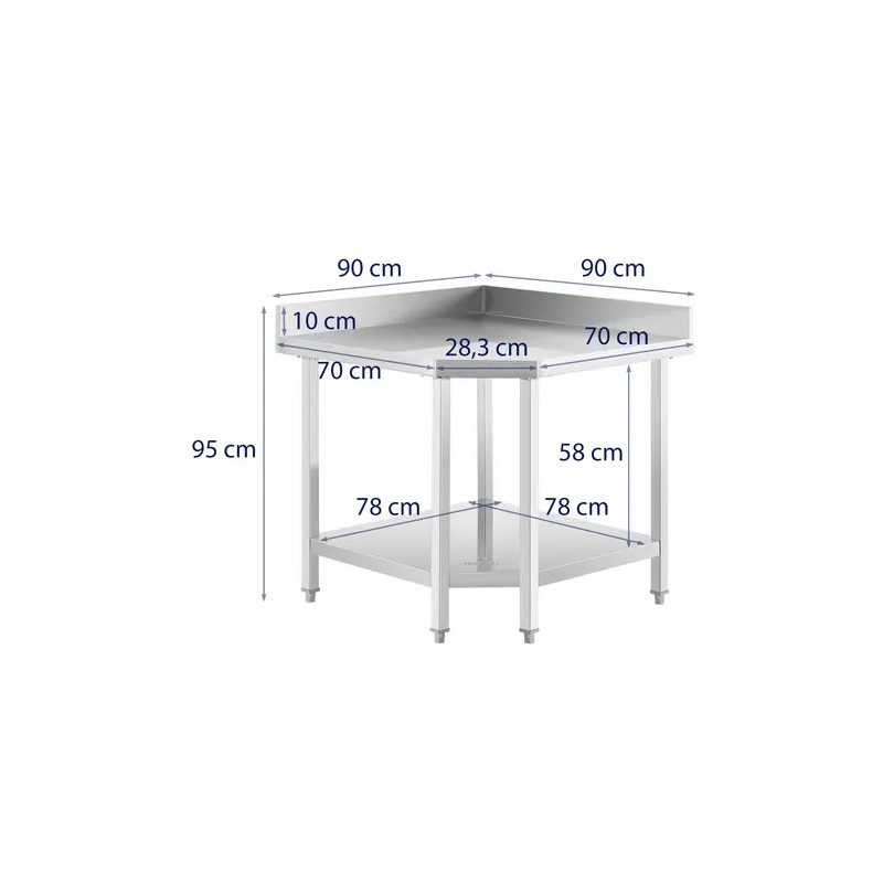 Royal Catering RCCWT-90X70-S ruostumattomasta teräksestä valmistettu kulmapöytä 90 x 70 cm