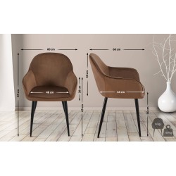 Tyylikäs samettinen ruokailutuoli pehmustetuilla käsinojilla ja metallirungolla