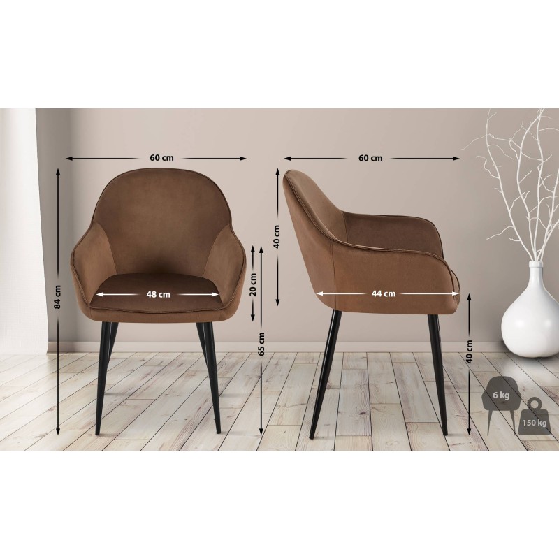 Tyylikäs samettinen ruokailutuoli pehmustetuilla käsinojilla ja metallirungolla