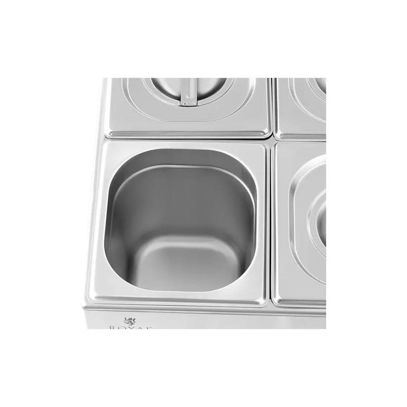 Royal Catering Bain Marie -ruokalämmitin 600 W, 6 kpl GN 1/6 -astiaa ja poistoventtiili