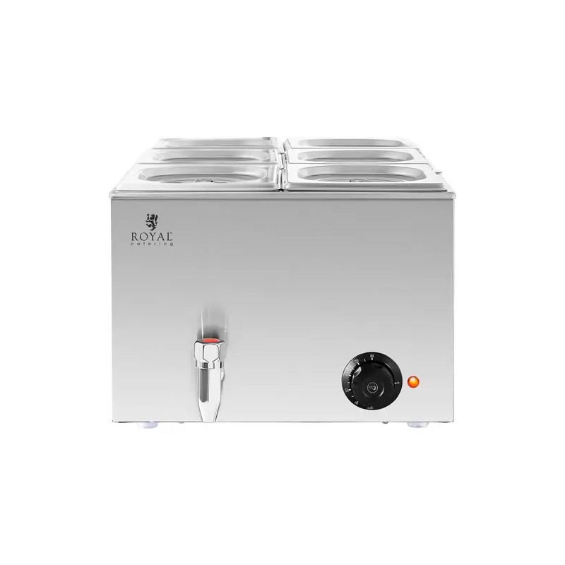 Royal Catering Bain Marie -ruokalämmitin 600 W, 6 kpl GN 1/6 -astiaa ja poistoventtiili