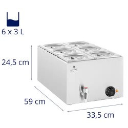 Royal Catering Bain Marie -ruokalämmitin 600 W, 6 kpl GN 1/6 -astiaa ja poistoventtiili