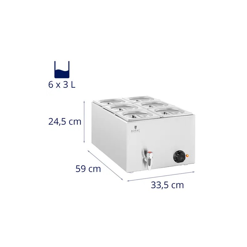 Royal Catering Bain Marie -ruokalämmitin 600 W, 6 kpl GN 1/6 -astiaa ja poistoventtiili