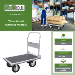 Siirtovaunu 300 kg, ilmarenkaat, kuulalaakeroidut pyörät, taittuva käsikahva
