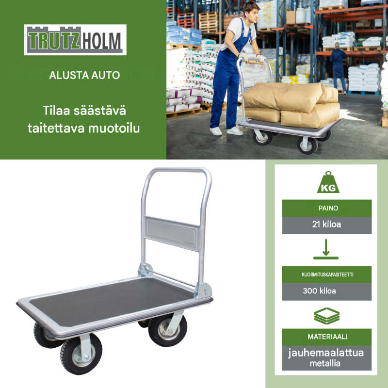 Siirtovaunu 300 kg, ilmarenkaat, kuulalaakeroidut pyörät, taittuva käsikahva