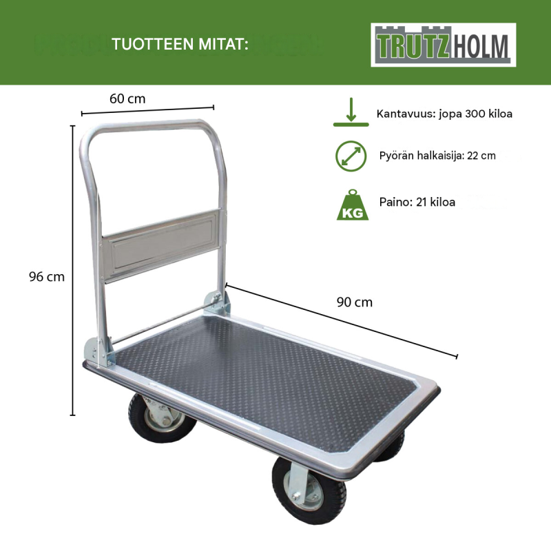 Siirtovaunu 300 kg, ilmarenkaat, kuulalaakeroidut pyörät, taittuva käsikahva