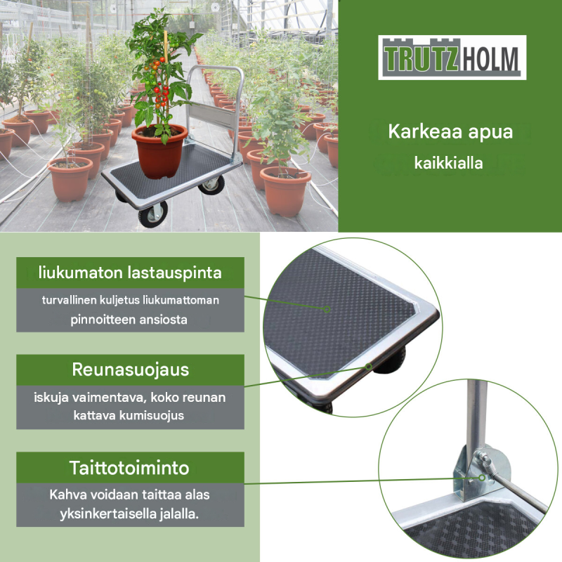 Siirtovaunu 300 kg, ilmarenkaat, kuulalaakeroidut pyörät, taittuva käsikahva