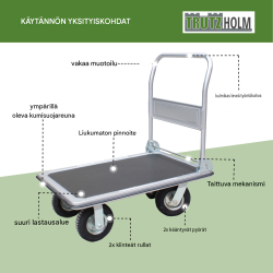 Siirtovaunu 300 kg, ilmarenkaat, kuulalaakeroidut pyörät, taittuva käsikahva