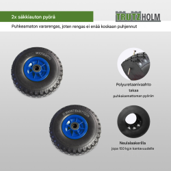 Säkkikärryn pyörät 2 kpl, puhkeamaton PU, 260 x 85 mm, 3.00-4, 20 mm akseli, 100 kg