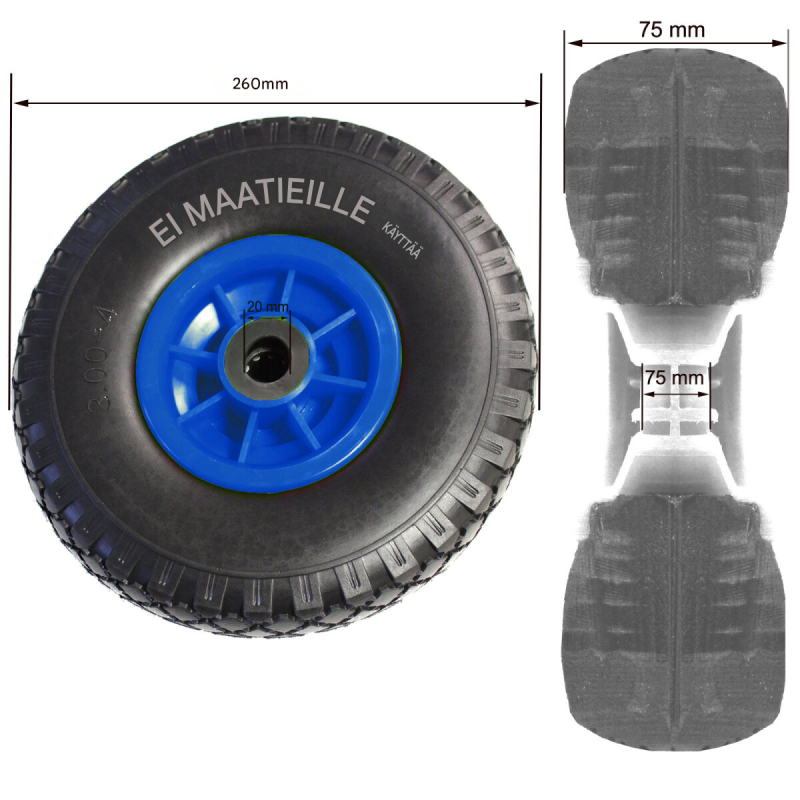 Säkkikärryn pyörät 2 kpl, puhkeamaton PU, 260 x 85 mm, 3.00-4, 20 mm akseli, 100 kg