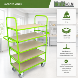 Monitasoinen kuljetusvaunu 600 kg, 5 säädettävää tasoa, vihreä teräs, 144 x 63 x 180 cm