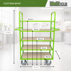 Monitasoinen kuljetusvaunu 600 kg, 5 säädettävää tasoa, vihreä teräs, 144 x 63 x 180 cm