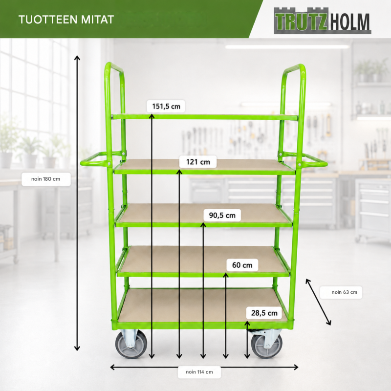 Monitasoinen kuljetusvaunu 600 kg, 5 säädettävää tasoa, vihreä teräs, 144 x 63 x 180 cm