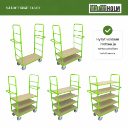 Monitasoinen kuljetusvaunu 600 kg, 5 säädettävää tasoa, vihreä teräs, 144 x 63 x 180 cm