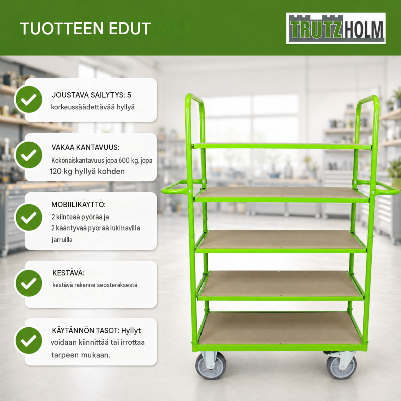 Monitasoinen kuljetusvaunu 600 kg, 5 säädettävää tasoa, vihreä teräs, 144 x 63 x 180 cm