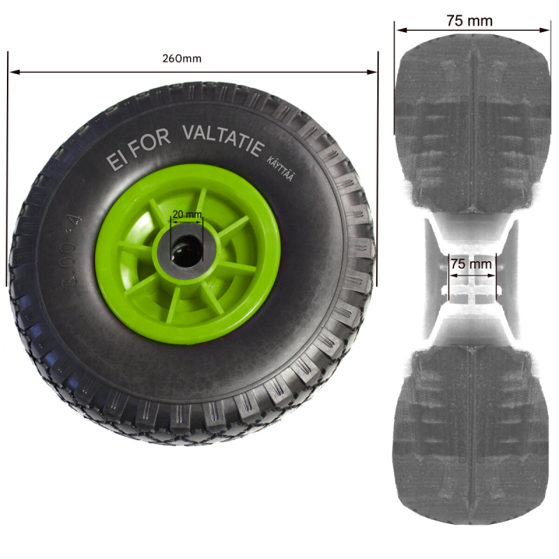 TRUTZHOLM säkkikärryn pyörä 260 x 85 mm, 3.00-4, PU-vaahto, muovivanne, 20 mm, 100 kg