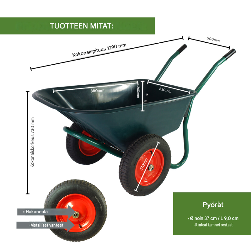 Kottikärryt 100 l, 160 kg, 2 pyörää, muovikaukalo, ilmakumirenkaat