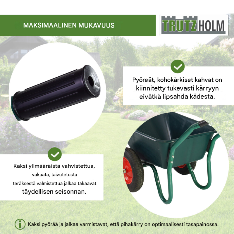 Kottikärryt 100 l, 160 kg, 2 pyörää, muovikaukalo, ilmakumirenkaat