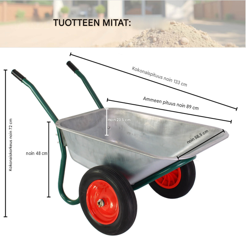Kaksipyöräinen kottikärry 100 l, sinkitty teräs, PU-pyörät, 160 kg ensimmäinen?