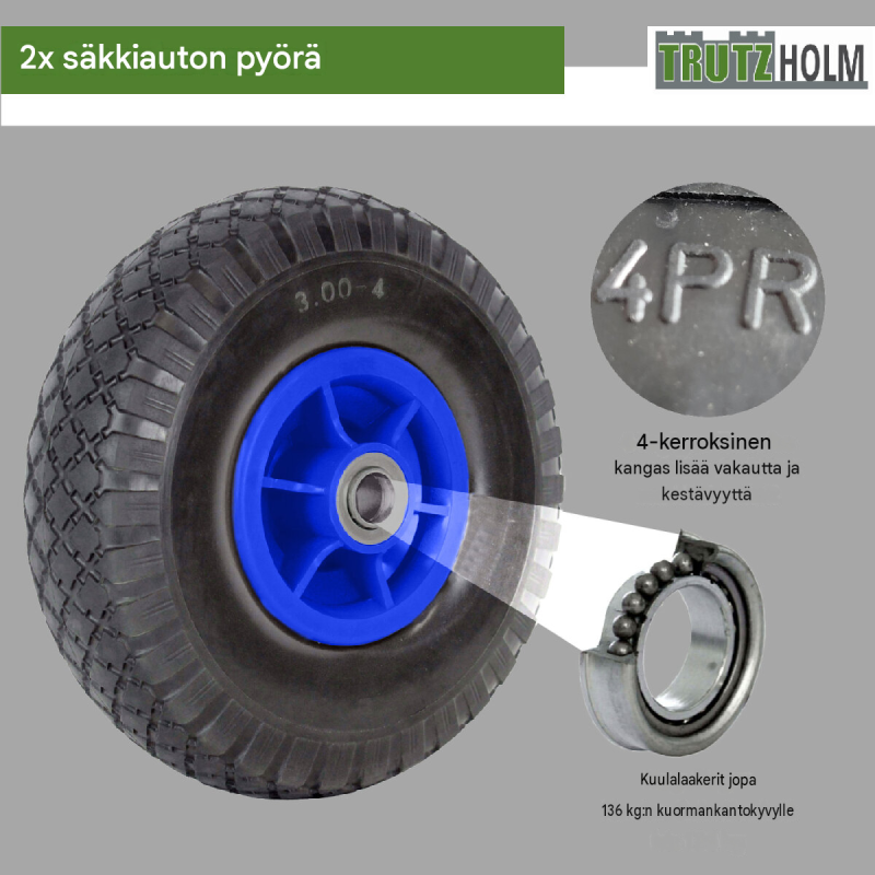 TRUTZHOLM säkärin pyörät 2 kpl, 260 x 85 mm, 3.00-4, 4PR, 120 kg, muovivanne