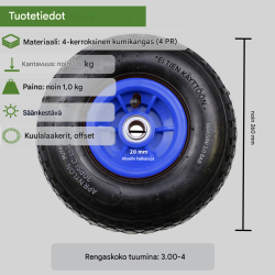 TRUTZHOLM säkärin pyörät 2 kpl, 260 x 85 mm, 3.00-4, 4PR, 120 kg, muovivanne