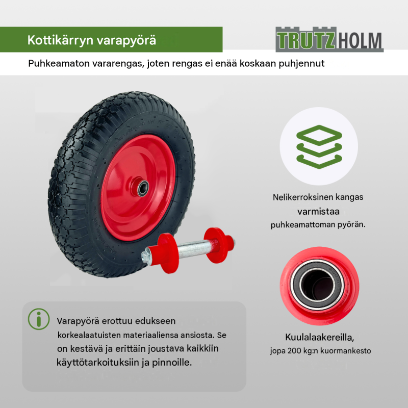 2 kpl Schubkarrenrad-ilmarengas 390 x 95 mm, 4.80/4.00-8, punainen metallivanne, akseli, 200 kg