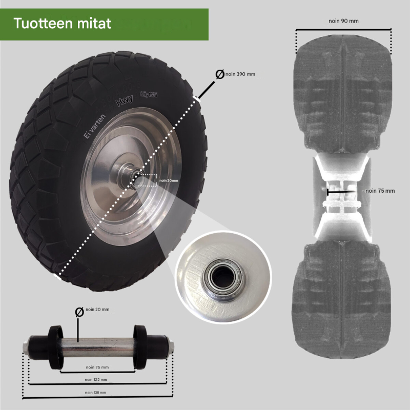 Kottikärryn pyörät 2 kpl, 4.80/4.00-8, 390 x 90 mm, akselit ja tarvikkeet, harmaa/musta