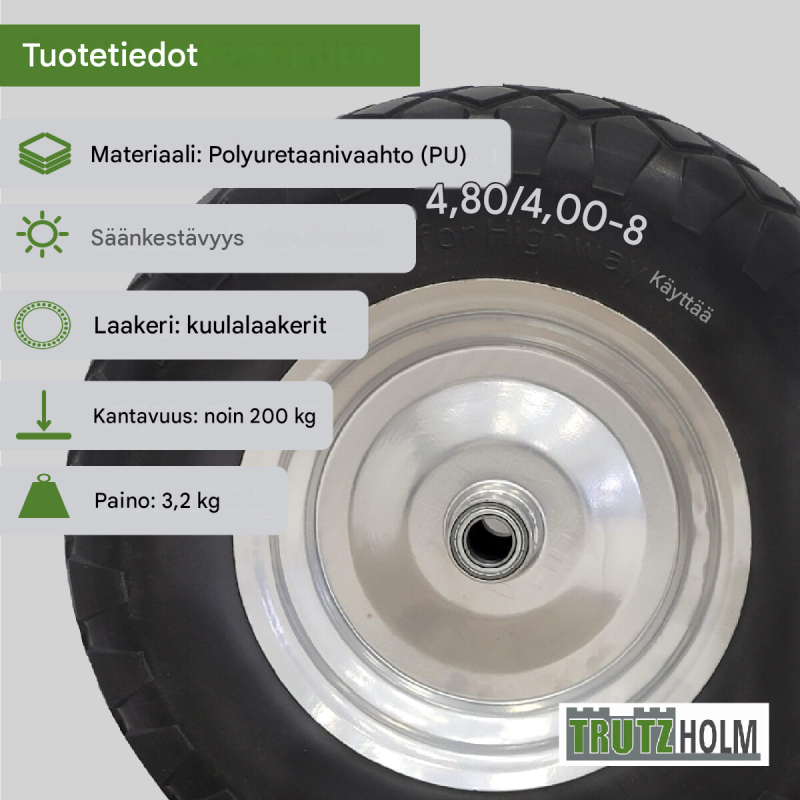 Kottikärryn pyörät 2 kpl, 4.80/4.00-8, 390 x 90 mm, akselit ja tarvikkeet, harmaa/musta