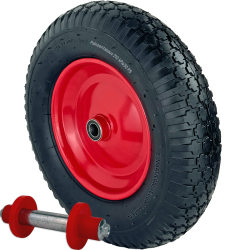 4 kpl kottikärryn pyöriä 390 x 95 mm, 4.80/4.00-8, akseli, punainen metallivanne