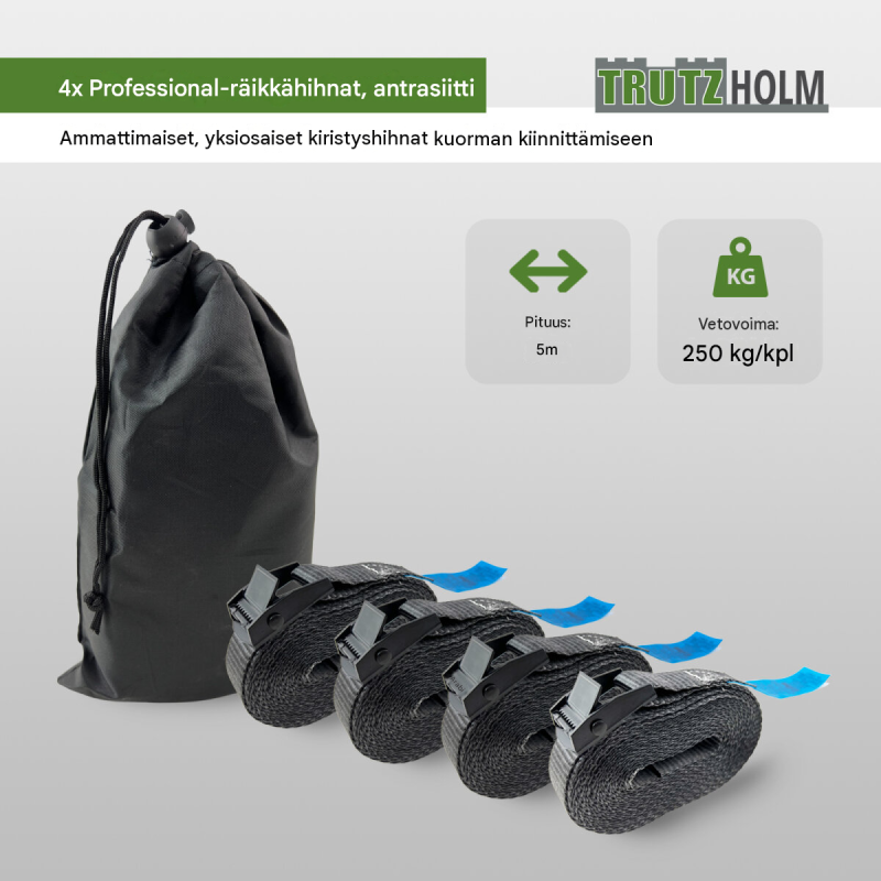 Kuormansidontaliinat 4 kpl, antrasiitti, polyesteri, 5 m, 250 kg