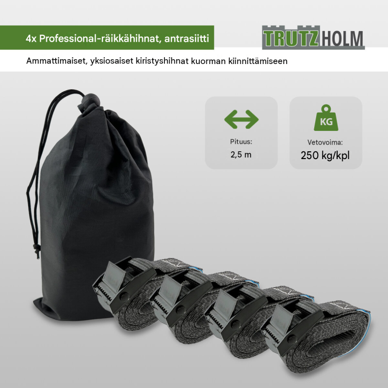Kuormansidontaliinat 4 kpl, 2,5 m, 250 kg, polyesteri, antrasiitti, säilytyspussi